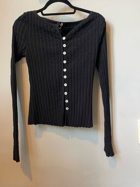 Free People Black Ribbed Button-Front Long Sleeve Top